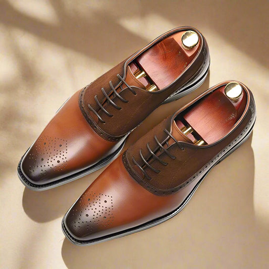 Brown Leather Tan Suede Formal Oxford Brogue Lace Up Shoes for Men. Manmade Comfortable Sole. Customization Available.