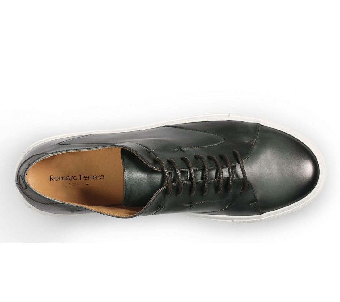 Olive Green Patina Finish Leather Sneaker for Men | The Royale Peacock ...